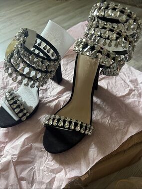 Wild Diva Black Crystal Teardrop Strap Heels